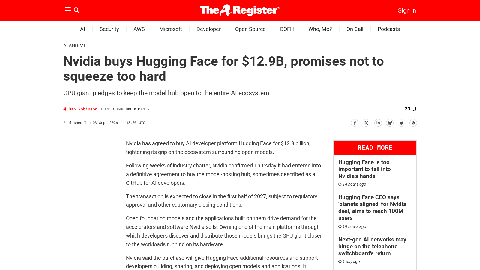 The Register article capture: Nvidia buys Hugging Face for $12.9B