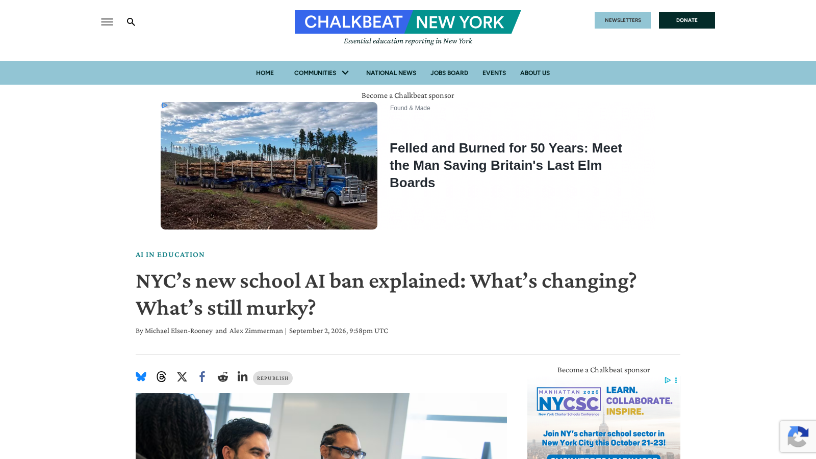 Chalkbeat article capture: NYC's new school AI ban explained
