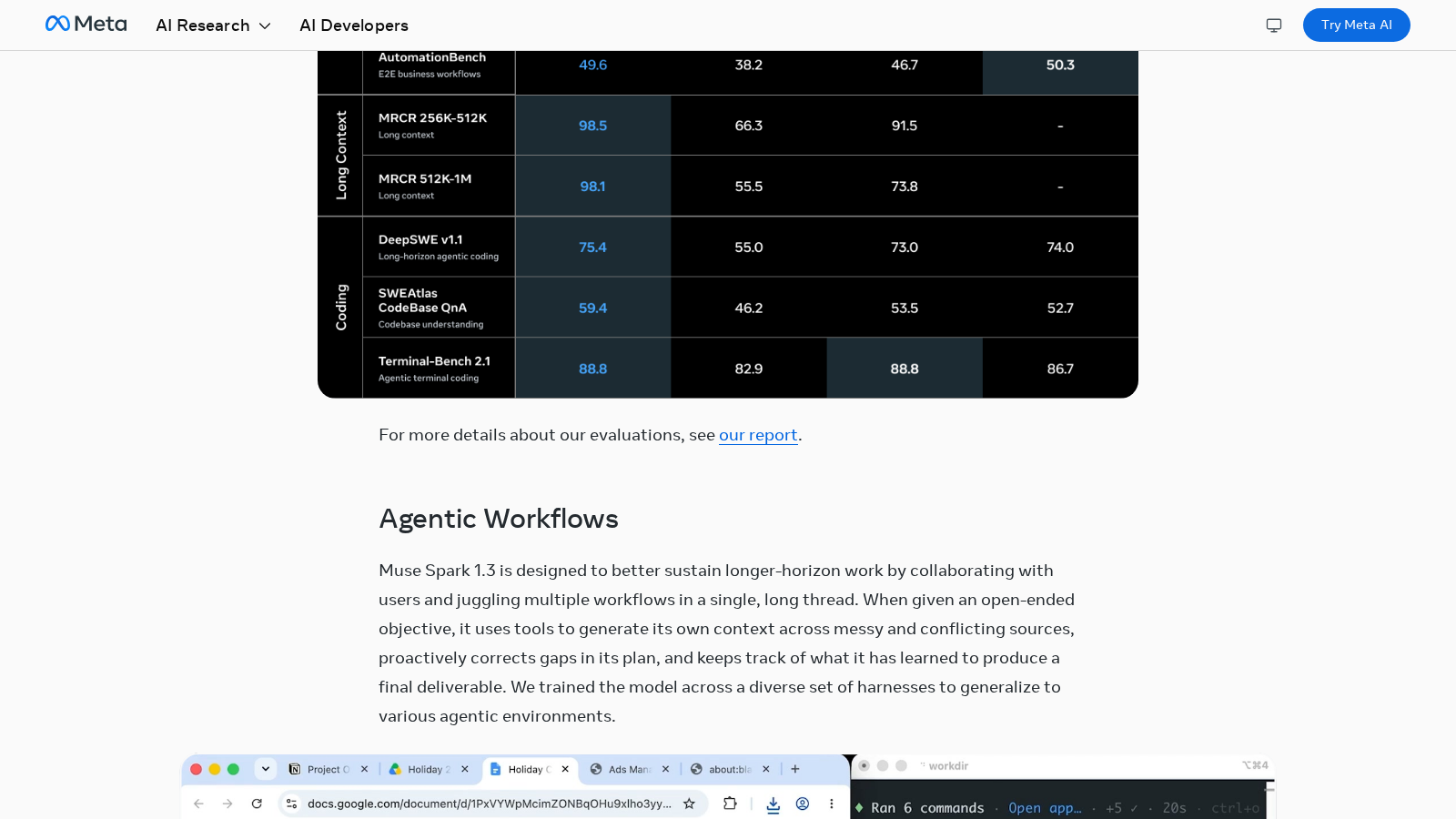 Meta benchmark capture: Muse Spark 1.3 agentic-workflow results