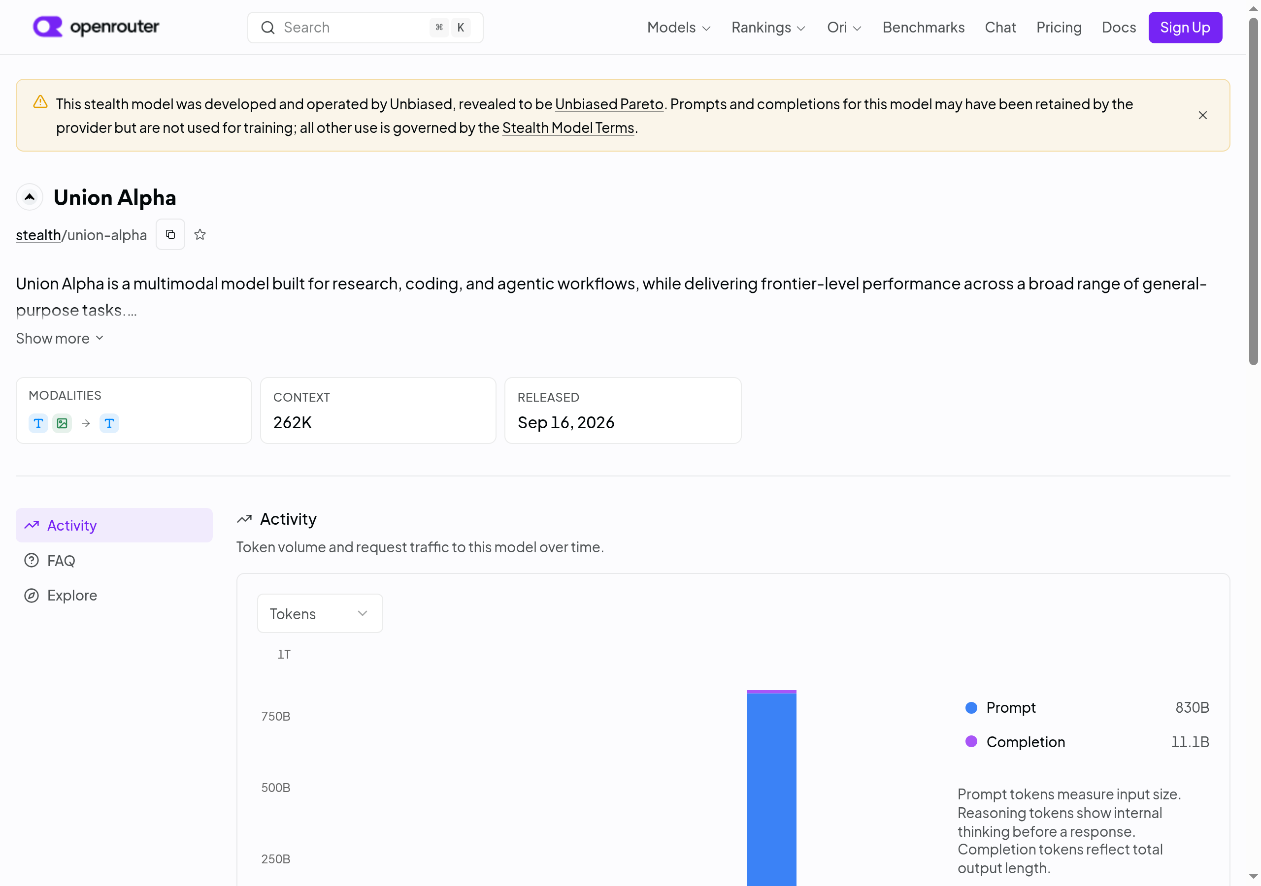 OpenRouter listing for the anonymous stealth model Union Alpha