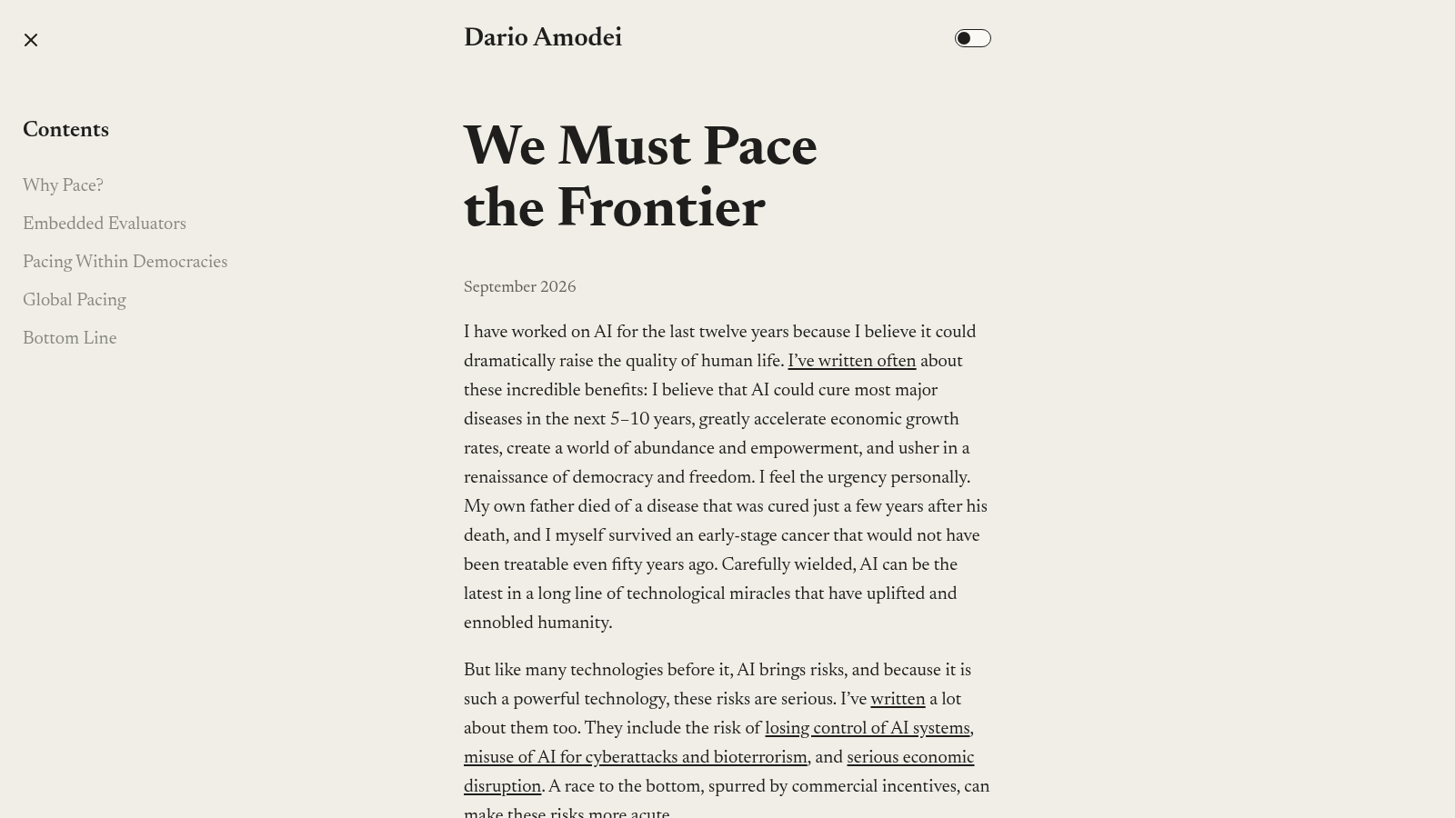 Dario Amodei — We Must Pace the Frontier, the primary essay receipt. COMMITMENT — NOT YET A CONTROL label visible.