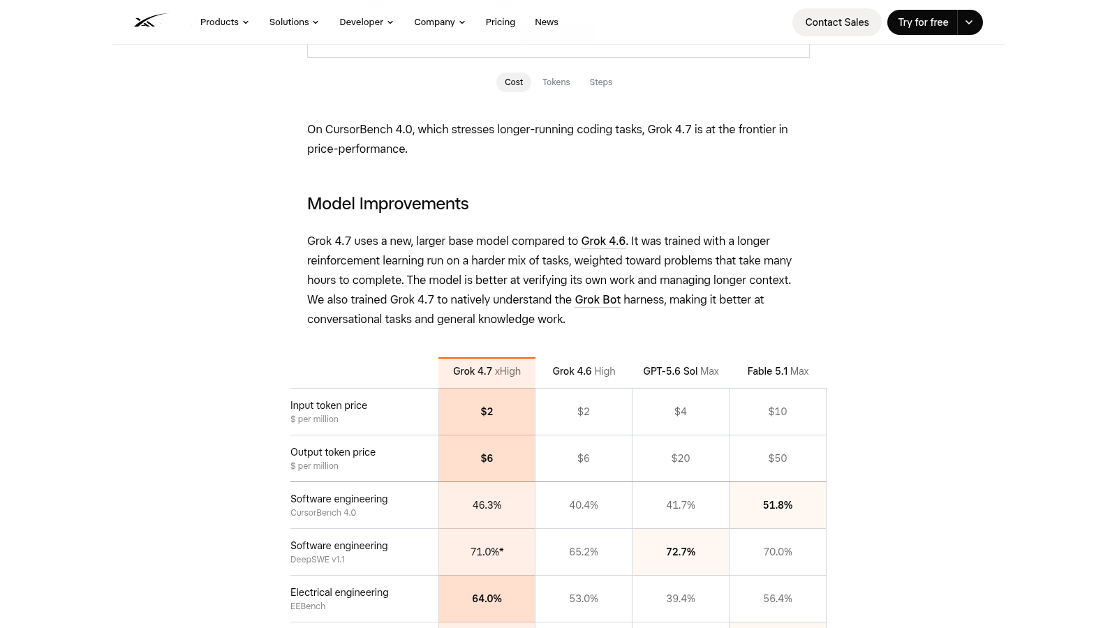 xAI Grok 4.7 launch post benchmark table: CursorBench, DeepSWE, Terminal-Bench rows