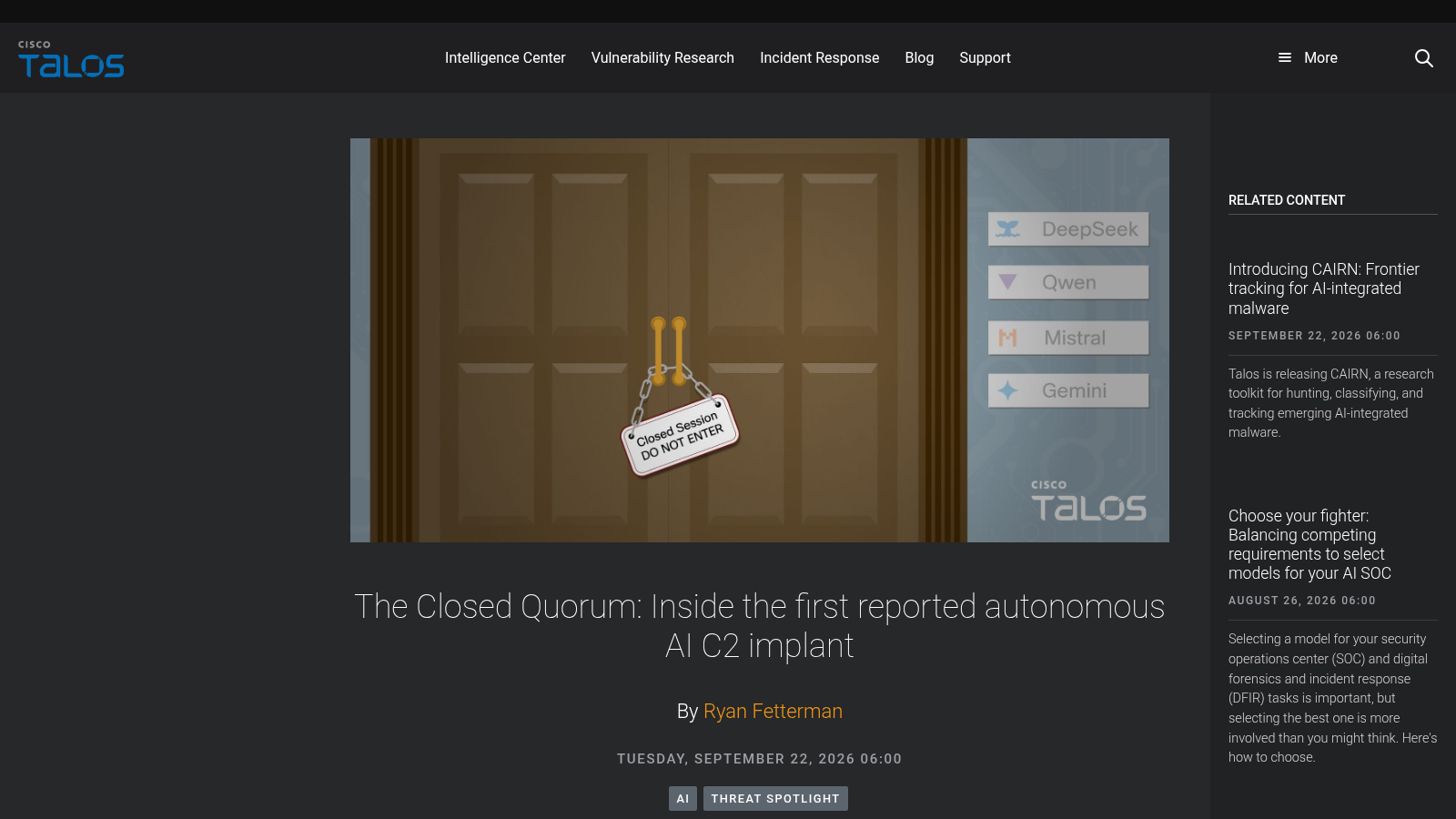 Cisco Talos: The Closed Quorum — first reported autonomous AI C2 implant