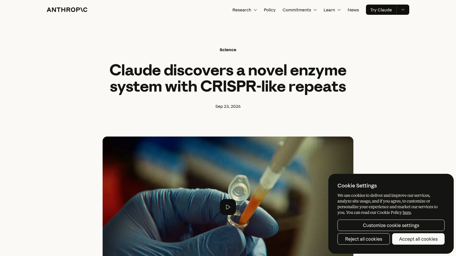 Anthropic — Claude discovers a novel enzyme system with CRISPR-like repeats, the primary receipt. ANTHROPIC-REPORTED, PREPRINT NOT PEER-REVIEWED label visible.