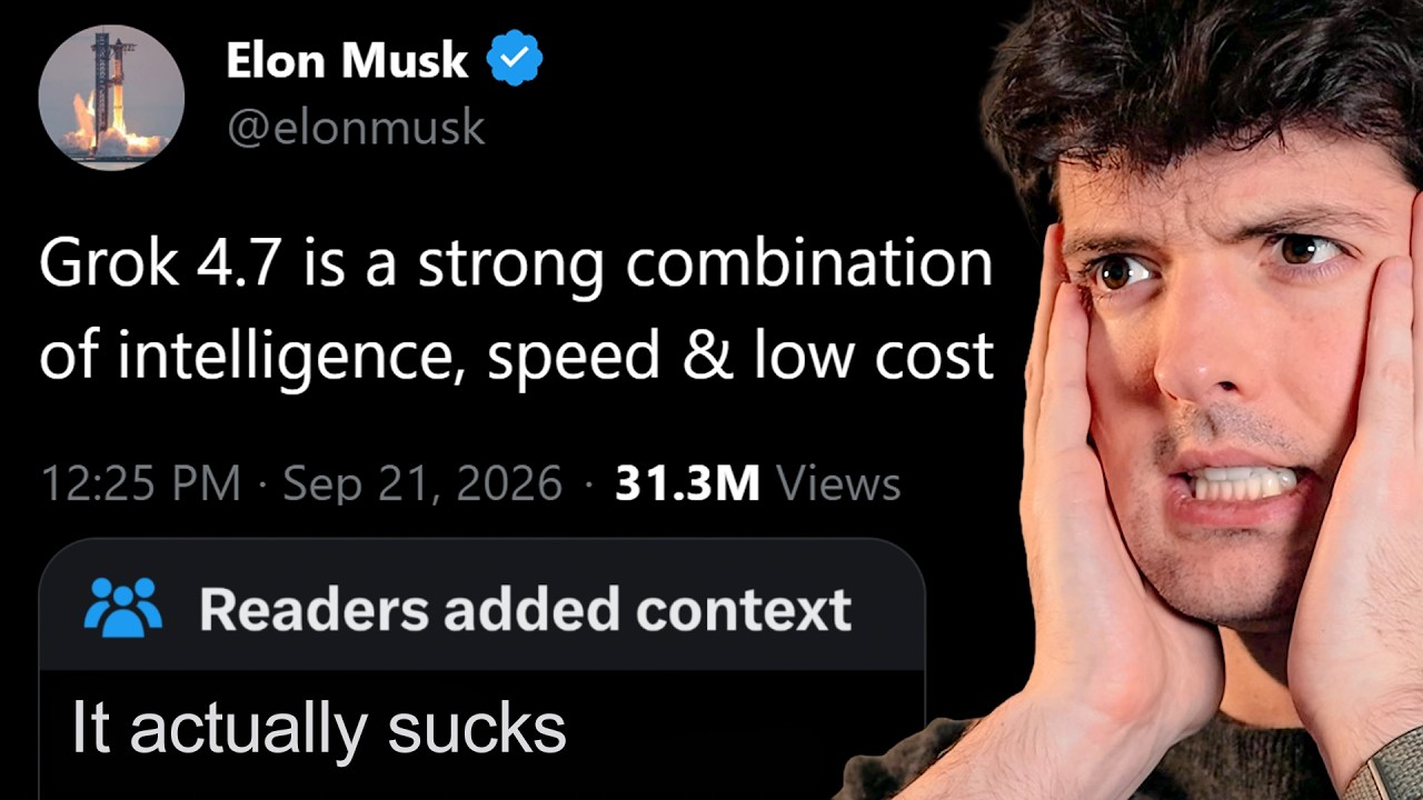 Theo t3.gg — Elon promised this one would be good, Grok 4.7 video, fallback poster