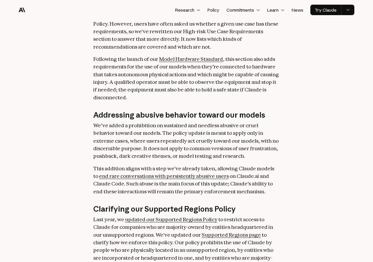 Anthropic's 2026 Usage Policy update page, Oct 8 2026: the paragraph adding a prohibition on sustained and needless abusive or cruel behavior toward our models