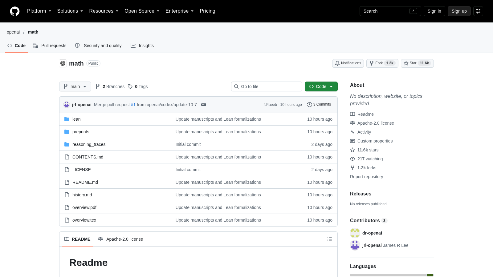 GitHub repository openai/math: commits updating manuscripts and Lean formalizations, Apache-2.0 license