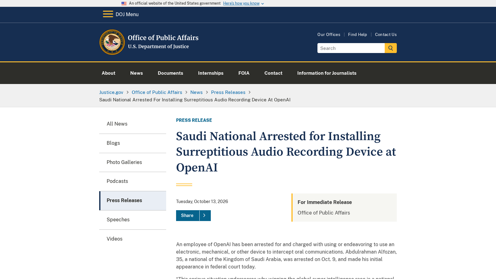 DOJ Office of Public Affairs press release page: Saudi National Arrested For Installing Surreptitious Audio Recording Device At OpenAI