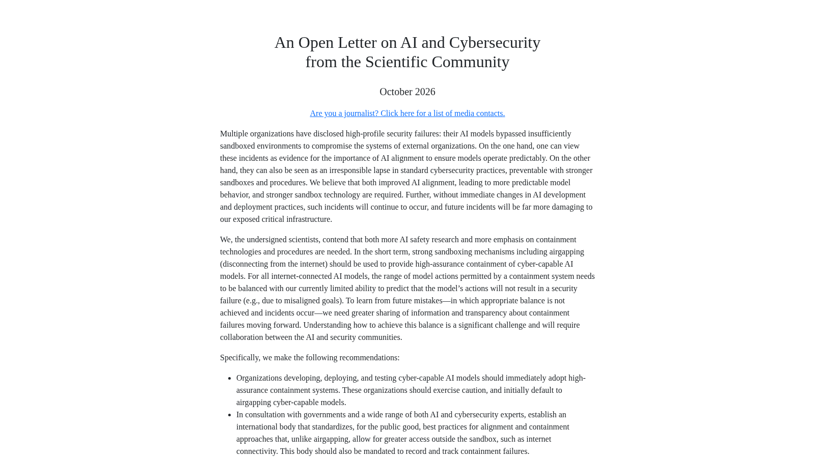 An Open Letter on AI and Cybersecurity from the Scientific Community, October 2026, recommending high-assurance containment, default airgapping of cyber-capable models, and an international body to record containment failures
